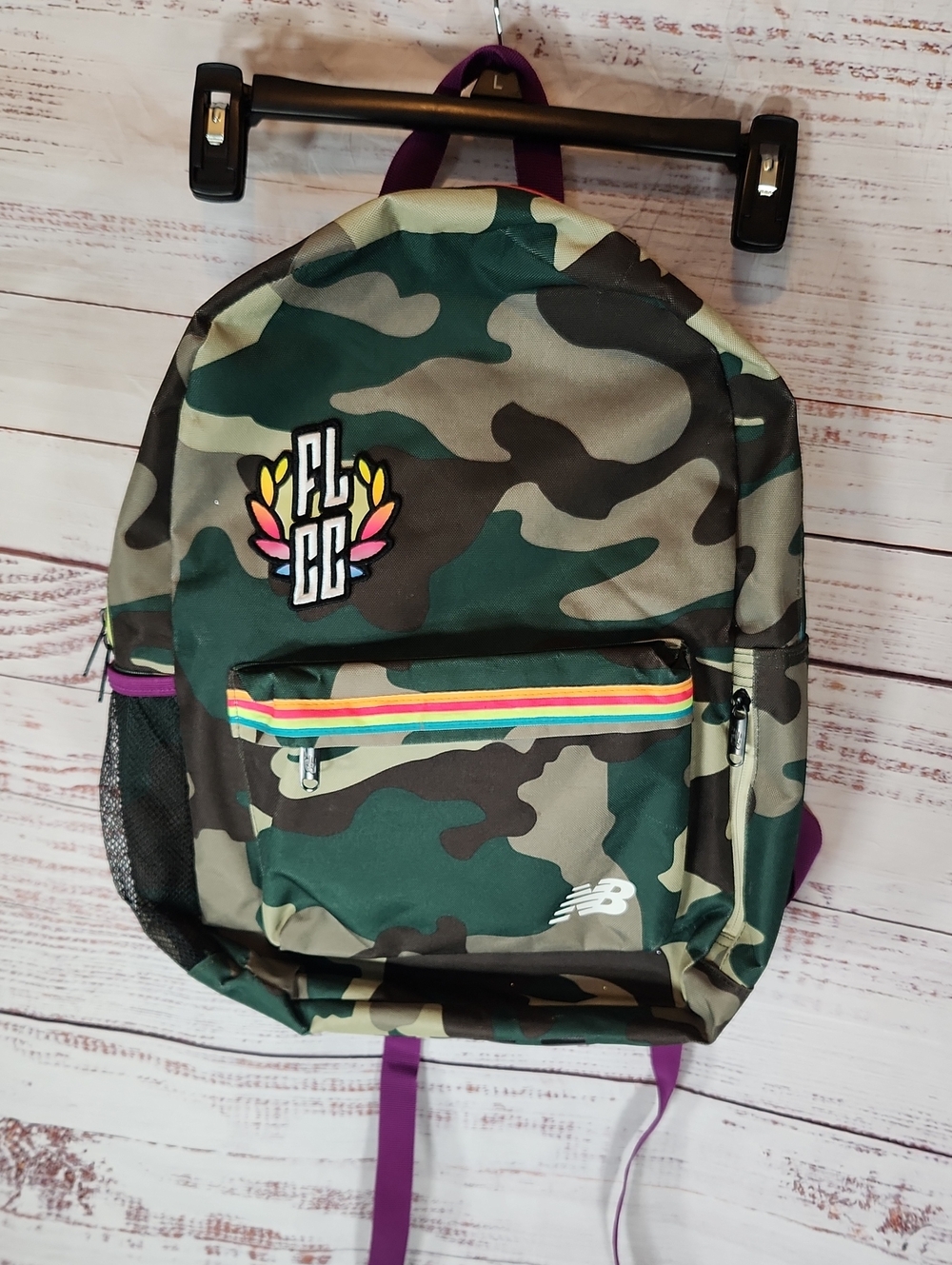 New Balance Green Camo Backpack with Rainbow Stripe and Purple Accents